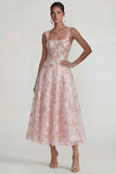 Pink Floral Embroidered Corset Square Neck A Line Midi Wedding Guest Dress