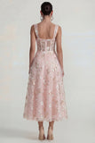 Pink Floral Embroidered Corset Square Neck A Line Midi Wedding Guest Dress