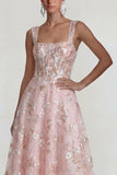 Pink Floral Embroidered Corset Square Neck A Line Midi Wedding Guest Dress