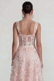 Pink Floral Embroidered Corset Square Neck A Line Midi Wedding Guest Dress