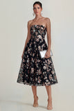 Strapless Pink Floral A Line Midi Wedding Guest Dress