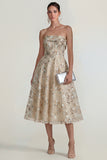 Strapless Pink Floral A Line Midi Wedding Guest Dress