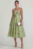 Strapless Pink Floral A Line Midi Wedding Guest Dress