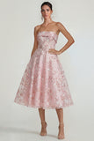 Strapless Pink Floral A Line Midi Wedding Guest Dress