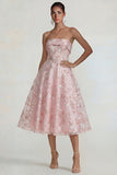 Strapless Pink Floral A Line Midi Wedding Guest Dress