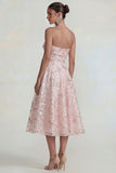Strapless Pink Floral A Line Midi Wedding Guest Dress