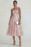 Strapless Pink Floral A Line Midi Wedding Guest Dress