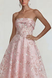 Strapless Pink Floral A Line Midi Wedding Guest Dress