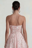 Strapless Pink Floral A Line Midi Wedding Guest Dress