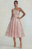 One Shoulder A Line Pink Floral Midi Wedding Guest Dress