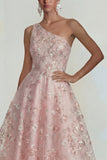 One Shoulder A Line Pink Floral Midi Wedding Guest Dress