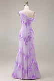 Blue Asymmetrical Neck Mermaid Appliqued Long Prom Dress