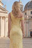 Blue Asymmetrical Neck Mermaid Appliqued Long Prom Dress