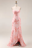 Blush Ruffled Appliqued Long Prom Dress with Slit