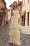 Yellow Tiered A Line Appliqued Maxi Prom Dress
