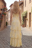 Yellow Tiered A Line Appliqued Maxi Prom Dress