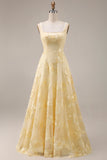 Yellow Pearl A Line Square Neck Long Prom Dress With Appliques
