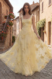 Yellow Pearl A Line Square Neck Long Prom Dress With Appliques