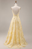 Yellow Pearl A Line Square Neck Long Prom Dress With Appliques
