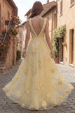 Yellow Pearl A Line Square Neck Long Prom Dress With Appliques