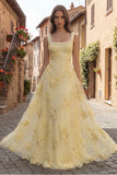 Yellow Pearl A Line Square Neck Long Prom Dress With Appliques