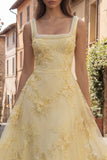 Yellow Pearl A Line Square Neck Long Prom Dress With Appliques