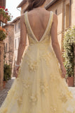 Yellow Pearl A Line Square Neck Long Prom Dress With Appliques