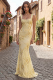 Mermaid Yellow Pearl Square Neck Long Prom Dress with Appliques