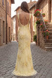 Mermaid Yellow Pearl Square Neck Long Prom Dress with Appliques