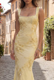 Mermaid Yellow Pearl Square Neck Long Prom Dress with Appliques