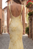 Mermaid Yellow Pearl Square Neck Long Prom Dress with Appliques