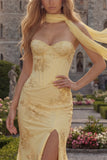 Yellow Mermaid Sweetheart Corset Long Prom Dress with Slit