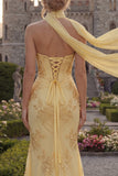 Yellow Mermaid Sweetheart Corset Long Prom Dress with Slit
