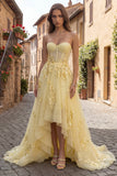 High-Low Yellow A Line Sweetheart Corset Prom Dress with 3D Flowers