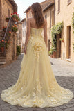 High-Low Yellow A Line Sweetheart Corset Prom Dress with 3D Flowers