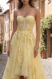 High-Low Yellow A Line Sweetheart Corset Prom Dress with 3D Flowers