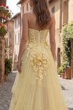 High-Low Yellow A Line Sweetheart Corset Prom Dress with 3D Flowers