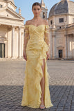 Off the Shoulder Ruffle Appliqued Long Sleeve Yellow Prom Dress with Slit
