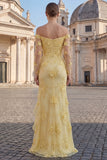 Off the Shoulder Ruffle Appliqued Long Sleeve Yellow Prom Dress with Slit