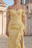 Off the Shoulder Ruffle Appliqued Long Sleeve Yellow Prom Dress with Slit