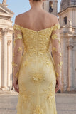 Off the Shoulder Ruffle Appliqued Long Sleeve Yellow Prom Dress with Slit