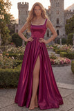 Burgundy A Line Square Neck Long Prom Dress with Pearls
