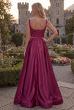 Burgundy A Line Square Neck Long Prom Dress with Pearls