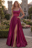 Burgundy A Line Square Neck Long Prom Dress with Pearls