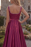 Burgundy A Line Square Neck Long Prom Dress with Pearls