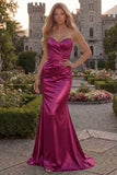 Sweetheart Mermaid Burgundy Ruched Satin Long Prom Dress