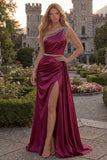 One Shoulder Burgundy Beaded Mermaid Long Prom Dress with Slit