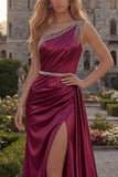 One Shoulder Burgundy Beaded Mermaid Long Prom Dress with Slit