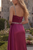 One Shoulder Burgundy Beaded Mermaid Long Prom Dress with Slit