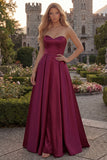 Burgundy Strapless A Line Satin Long Prom Dress
